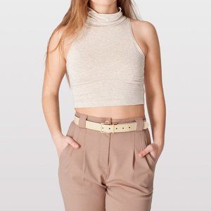 American Apparel Cotton Spandex Sleeveless Turtleneck Crop Top Tan Heather Sz S